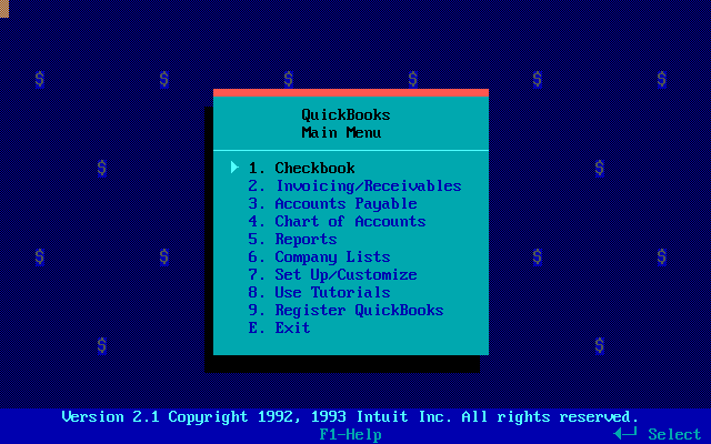 Quickbooks 2.1 for DOS - Menu